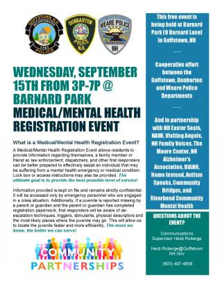 Medical/Mental Health Registration Event-Barnard Park Goffstown NH